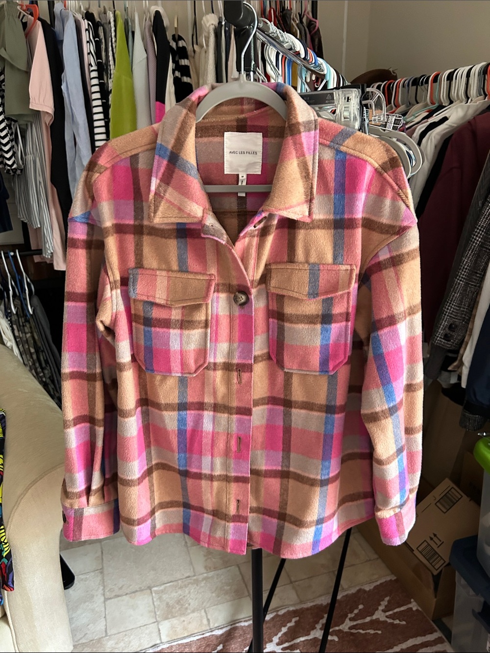 Avec Les Filles Pink and Tan Plaid Teddy Shacket with Blue Accents